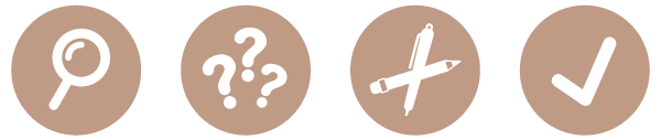 four rounded icons represent instructional design principles of search ponder create and evaluate