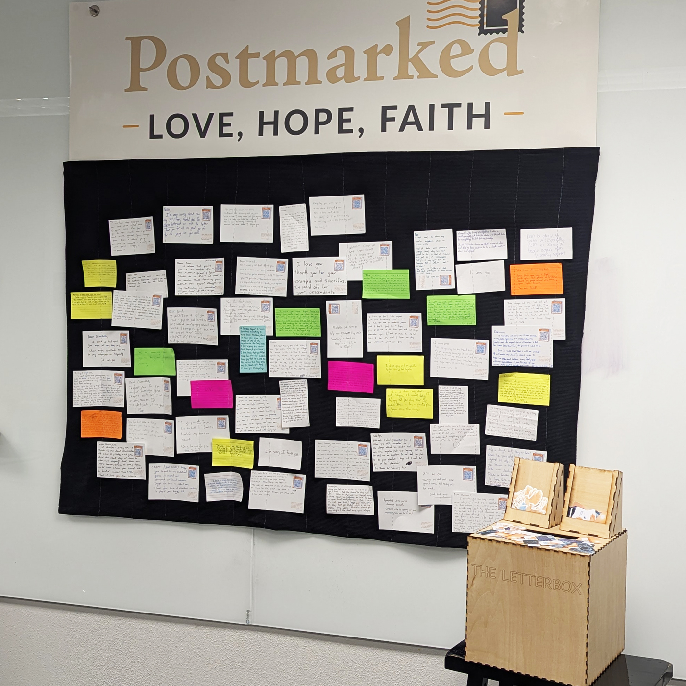The final display for the Letter Box Project: the box itself and the cards stitched to a canvas.