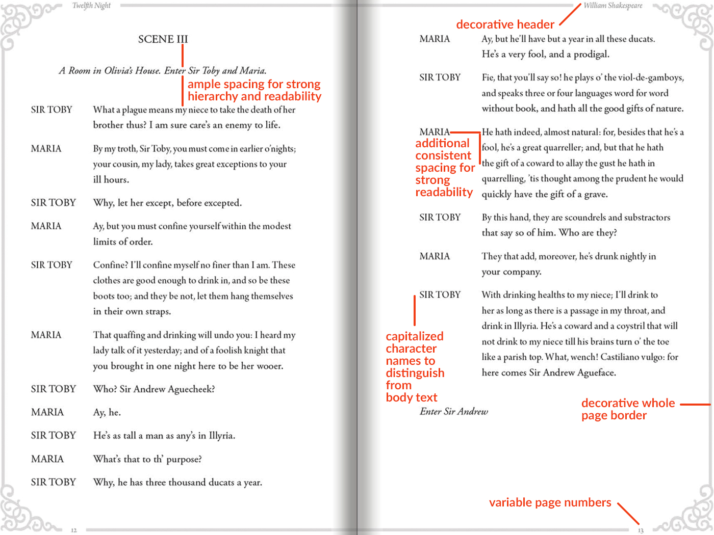 a spread with formatting in InDesign Shakespeare play
