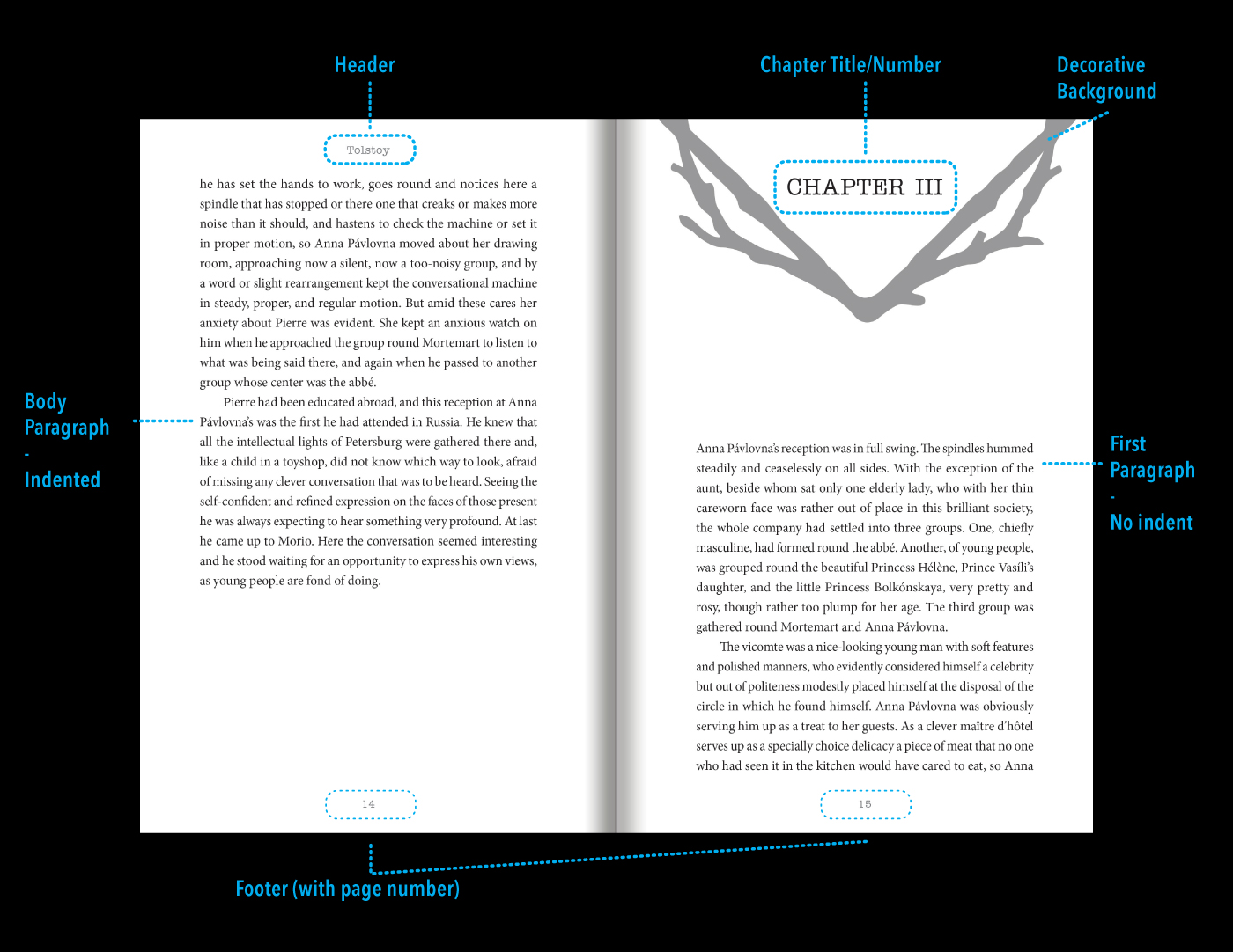Graphic explanation of on page elements in a novel